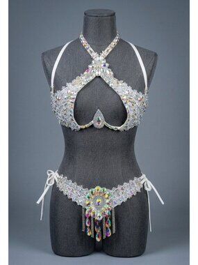 Silver Crystal Rhinestone Bra & Belt Set | Samba Coachella Rave Festival Dancer